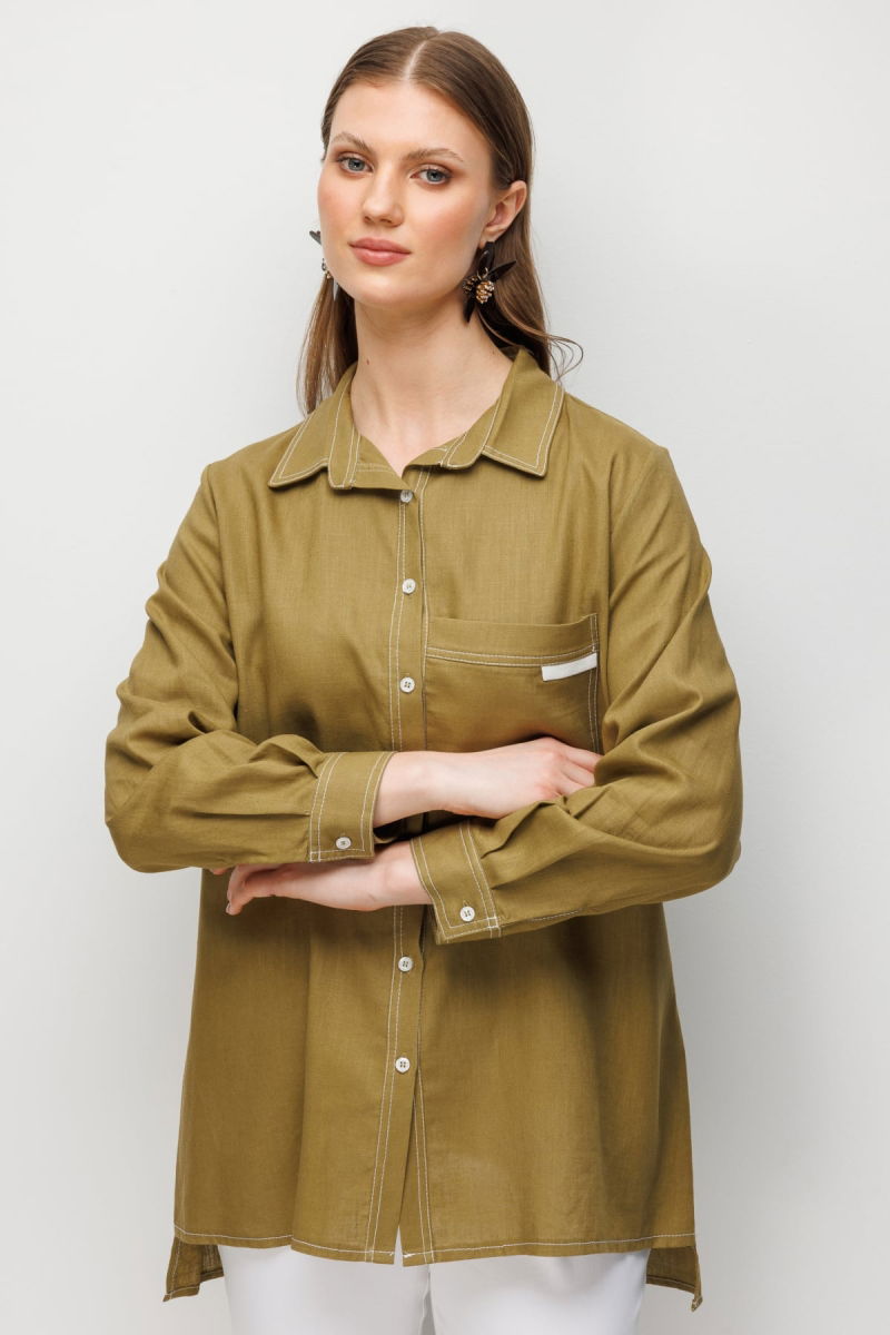 Ekol Kadın Büyük Beden Torba Cepli Polo Yaka Keten Gömlek 2986 Oliv - 2