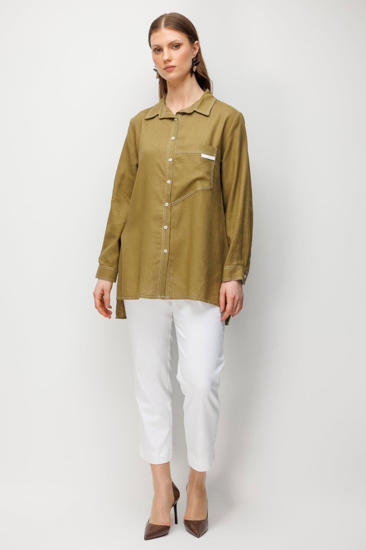 Ekol Kadın Büyük Beden Torba Cepli Polo Yaka Keten Gömlek 2986 Oliv - 3