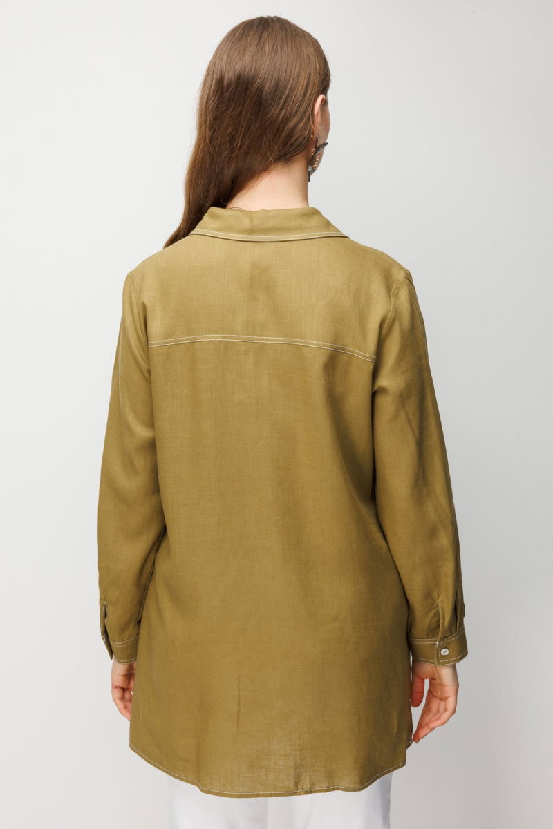 Ekol Kadın Büyük Beden Torba Cepli Polo Yaka Keten Gömlek 2986 Oliv - 4