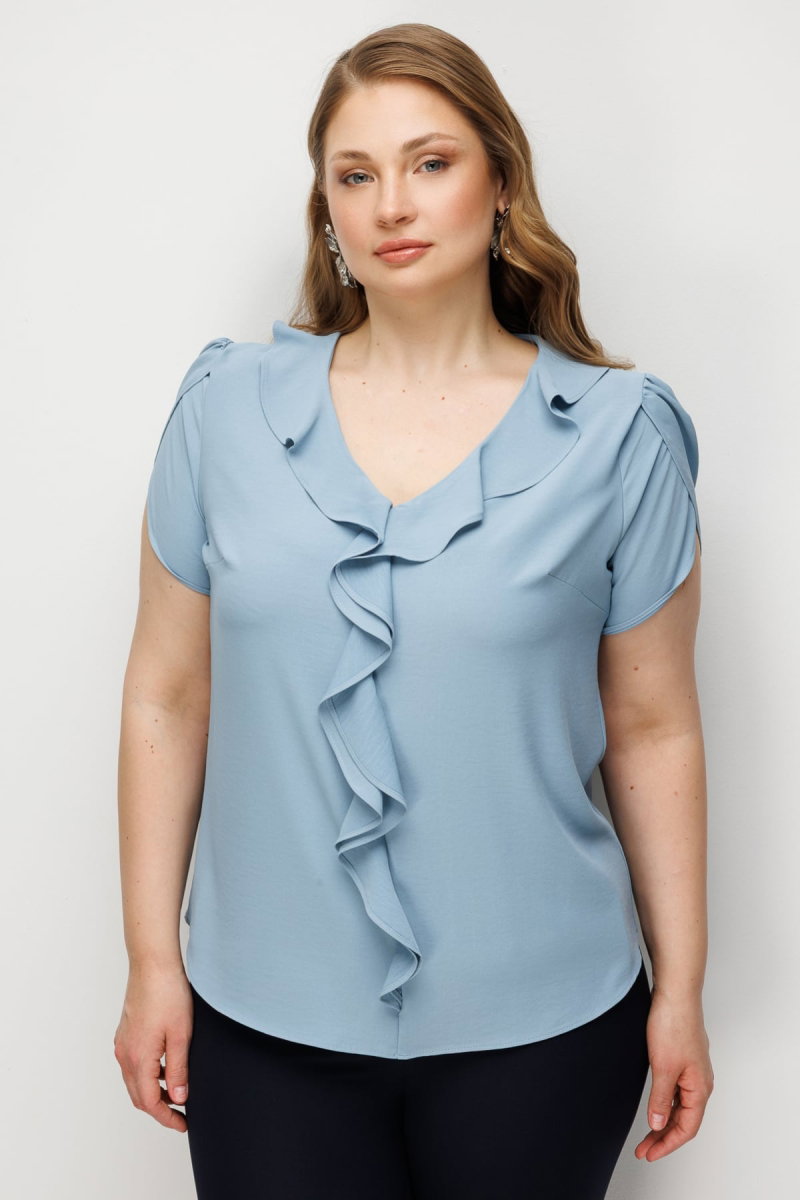 Ekol Kadın Büyük Beden V Yaka Fırfır Detaylı Bluz 2550 Mavi - Ekol