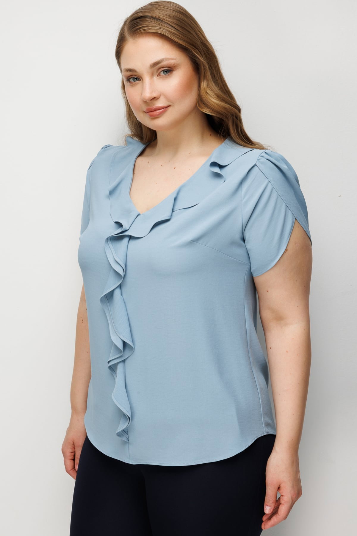 Ekol Kadın Büyük Beden V Yaka Fırfır Detaylı Bluz 2550 Mavi - 2
