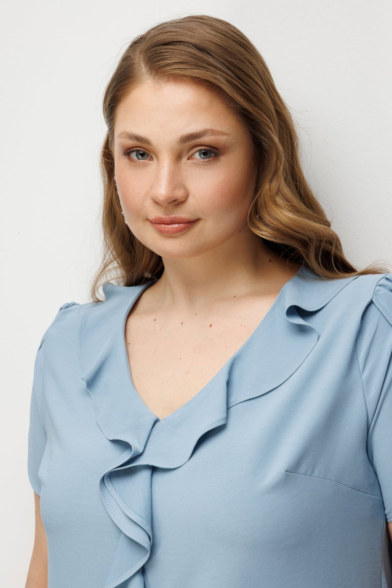 Ekol Kadın Büyük Beden V Yaka Fırfır Detaylı Bluz 2550 Mavi - 3