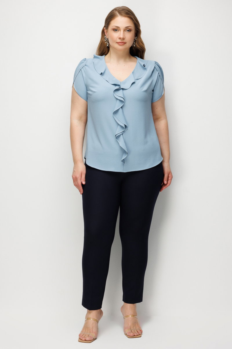 Ekol Kadın Büyük Beden V Yaka Fırfır Detaylı Bluz 2550 Mavi - 4