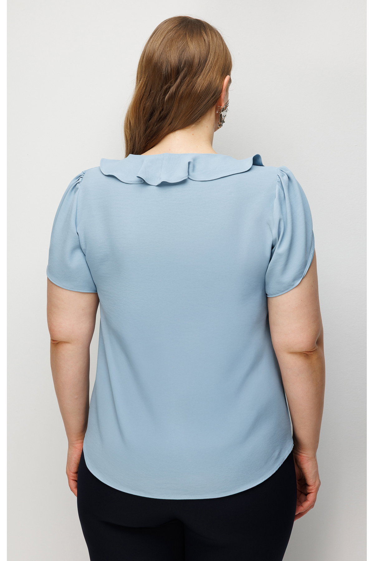 Ekol Kadın Büyük Beden V Yaka Fırfır Detaylı Bluz 2550 Mavi - 5