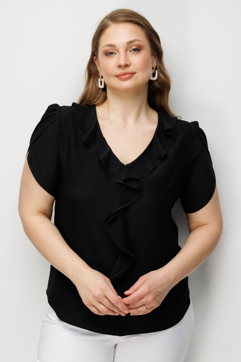 Ekol Kadın Büyük Beden V Yaka Fırfır Detaylı Bluz 2550 Siyah 