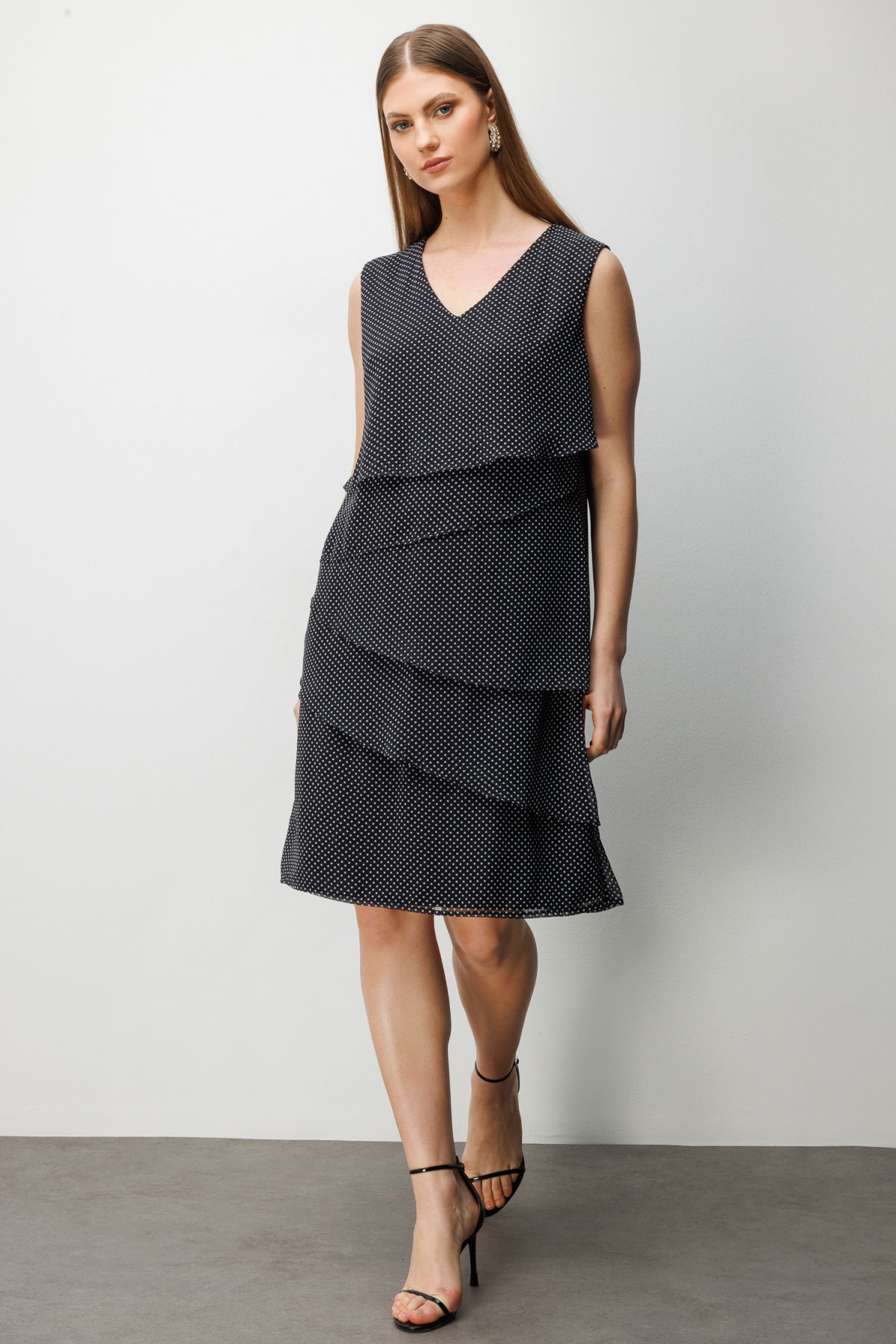 Ekol Kadın Büyük Beden V Yaka Puantiyeli Elbise 6508 Siyah - 1