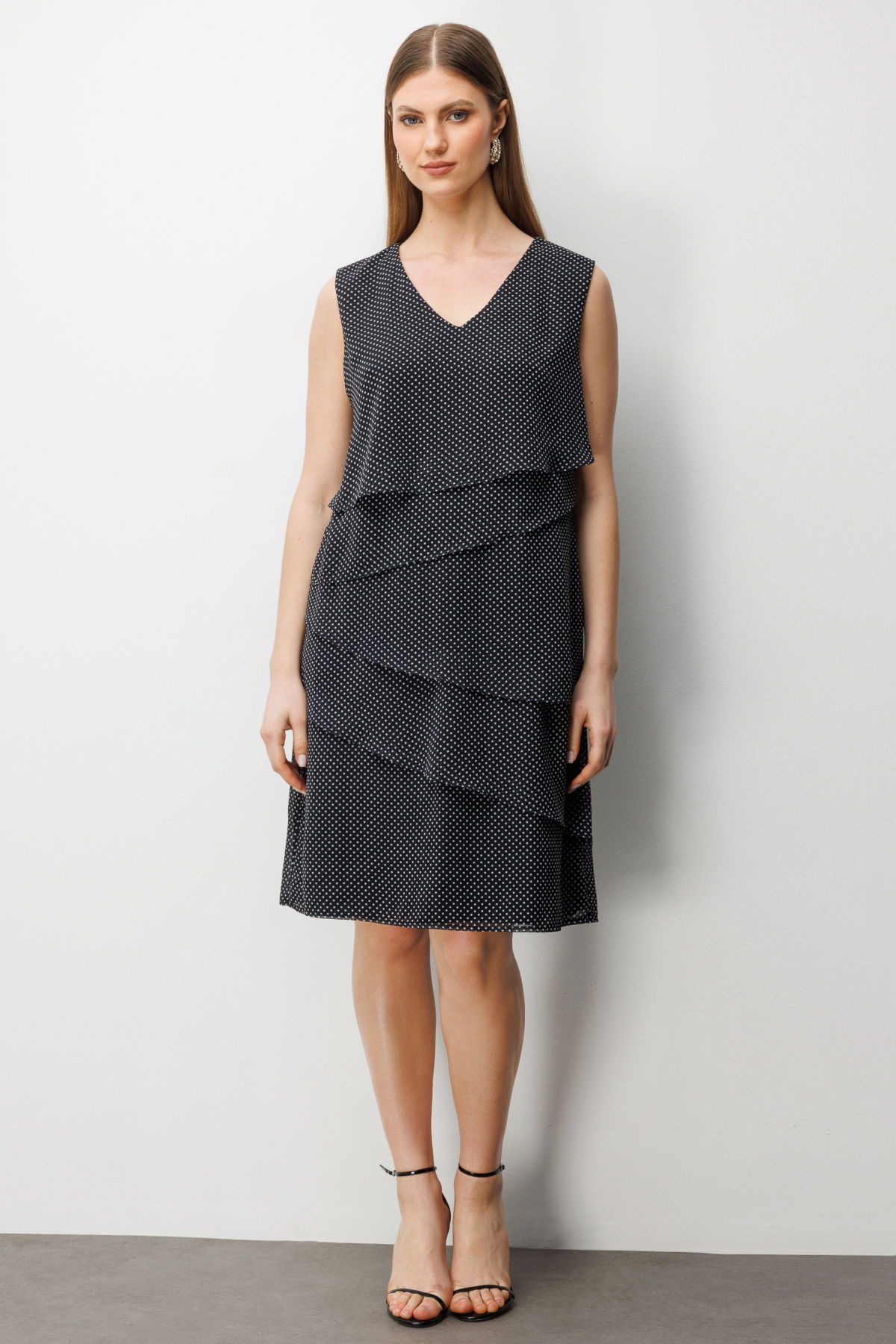 Ekol Kadın Büyük Beden V Yaka Puantiyeli Elbise 6508 Siyah - 2