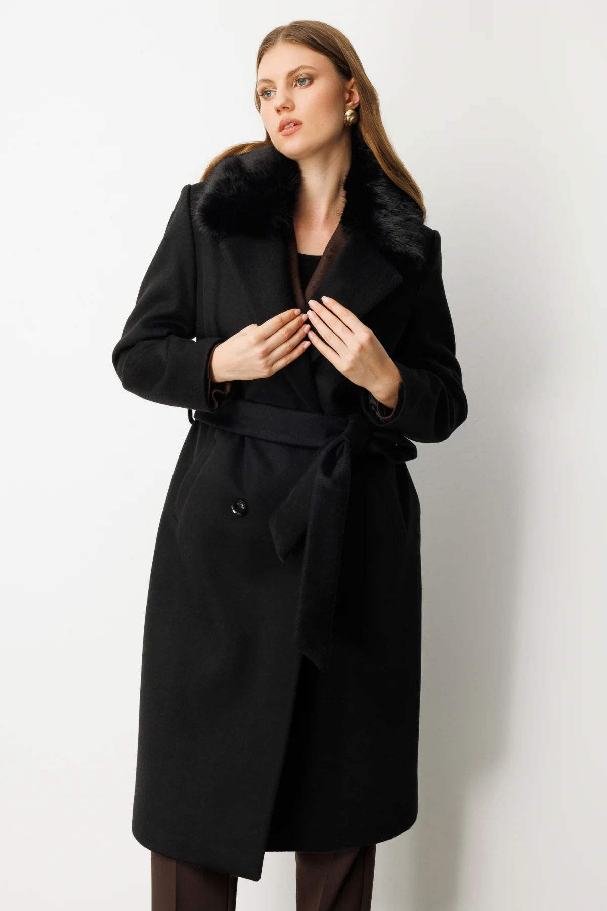 Ekol Kadın Büyük Beden Yakası Kürklü Beli Kuşaklı Kaban 6311 Siyah - 1