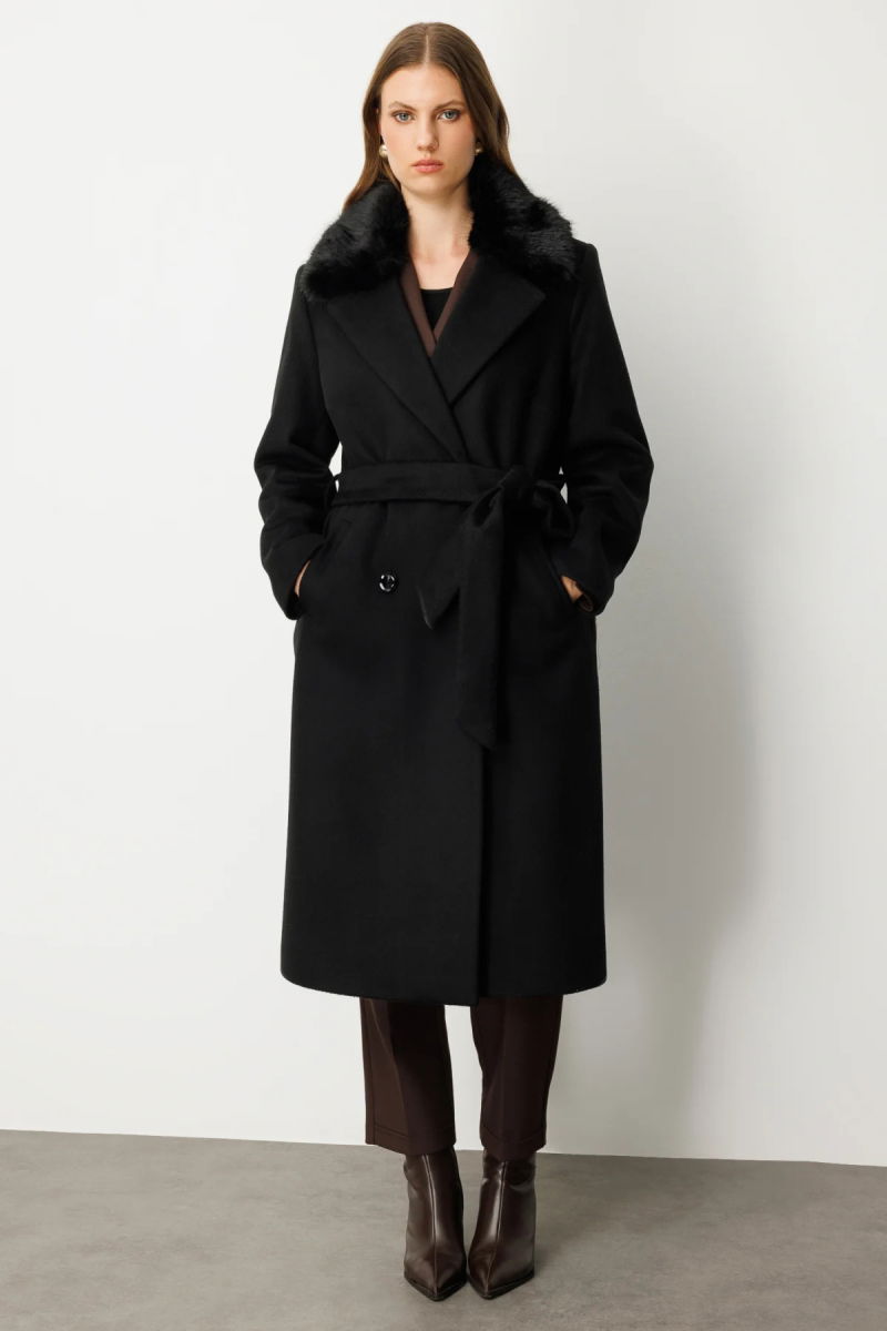 Ekol Kadın Büyük Beden Yakası Kürklü Beli Kuşaklı Kaban 6311 Siyah - 2