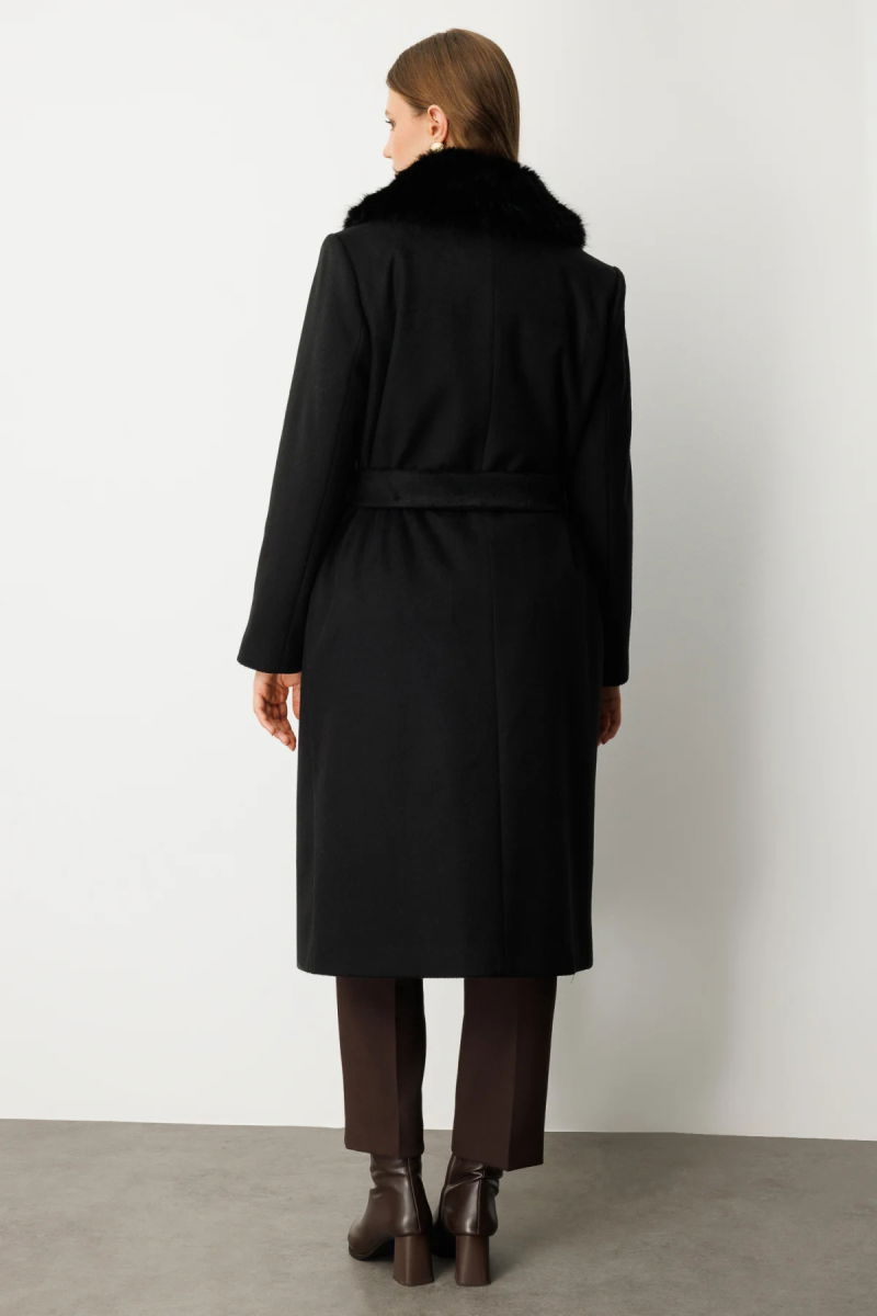 Ekol Kadın Büyük Beden Yakası Kürklü Beli Kuşaklı Kaban 6311 Siyah - 4