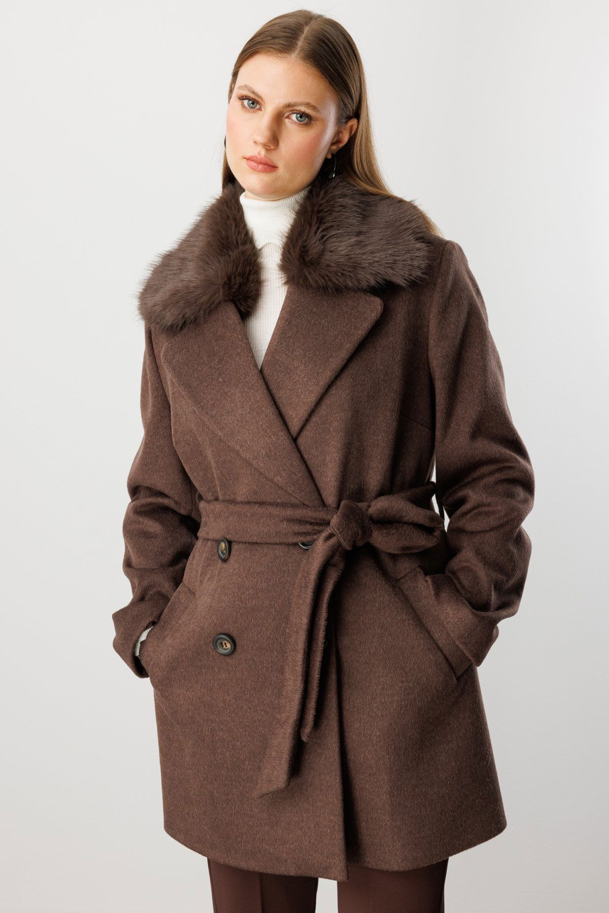 Ekol Kadın Büyük Beden Yakası Kürklü Kaban 6333 Kahverengi - 1