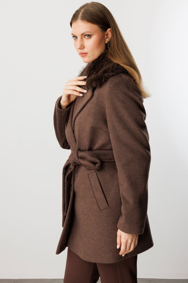 Ekol Kadın Büyük Beden Yakası Kürklü Kaban 6333 Kahverengi - 2