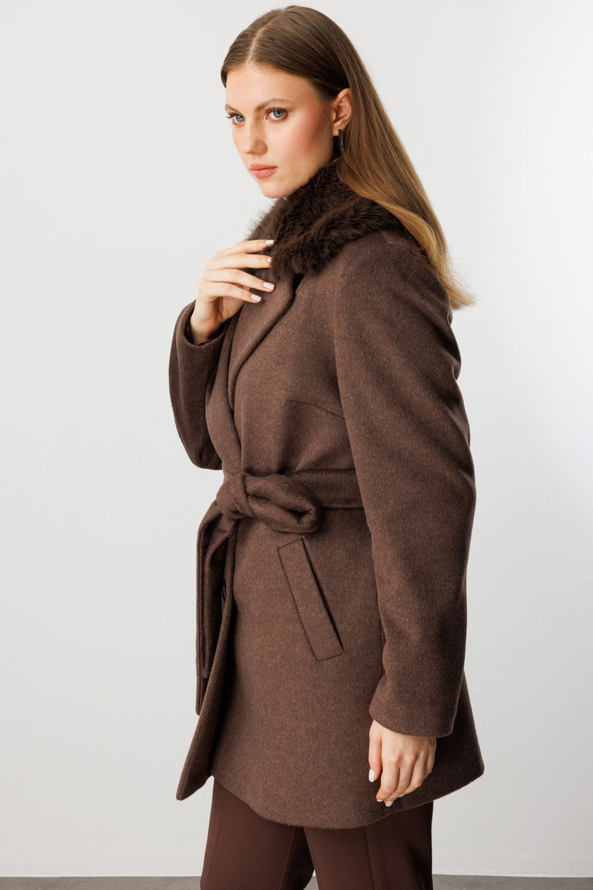 Ekol Kadın Büyük Beden Yakası Kürklü Kaban 6333 Kahverengi - 2