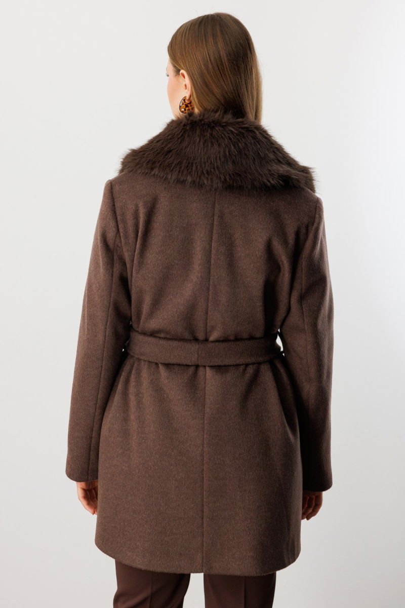 Ekol Kadın Büyük Beden Yakası Kürklü Kaban 6333 Kahverengi - 4