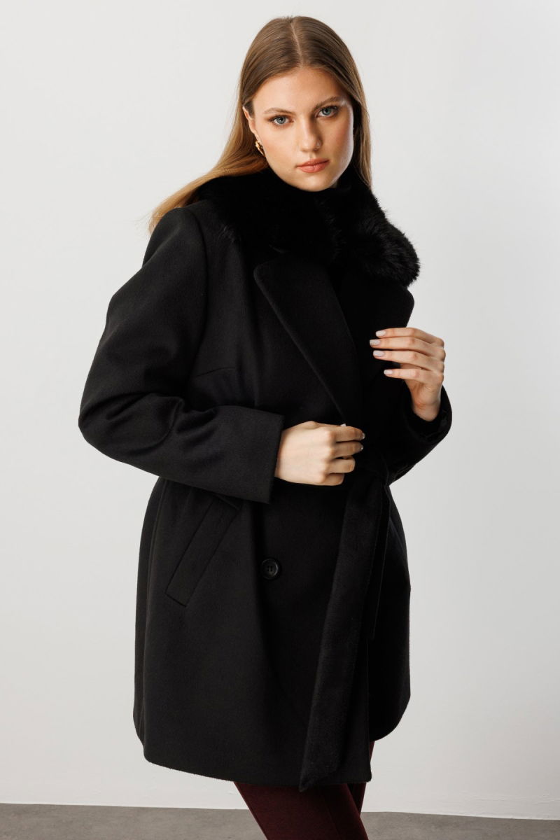 Ekol Kadın Büyük Beden Yakası Kürklü Kaban 6333 Siyah - 2