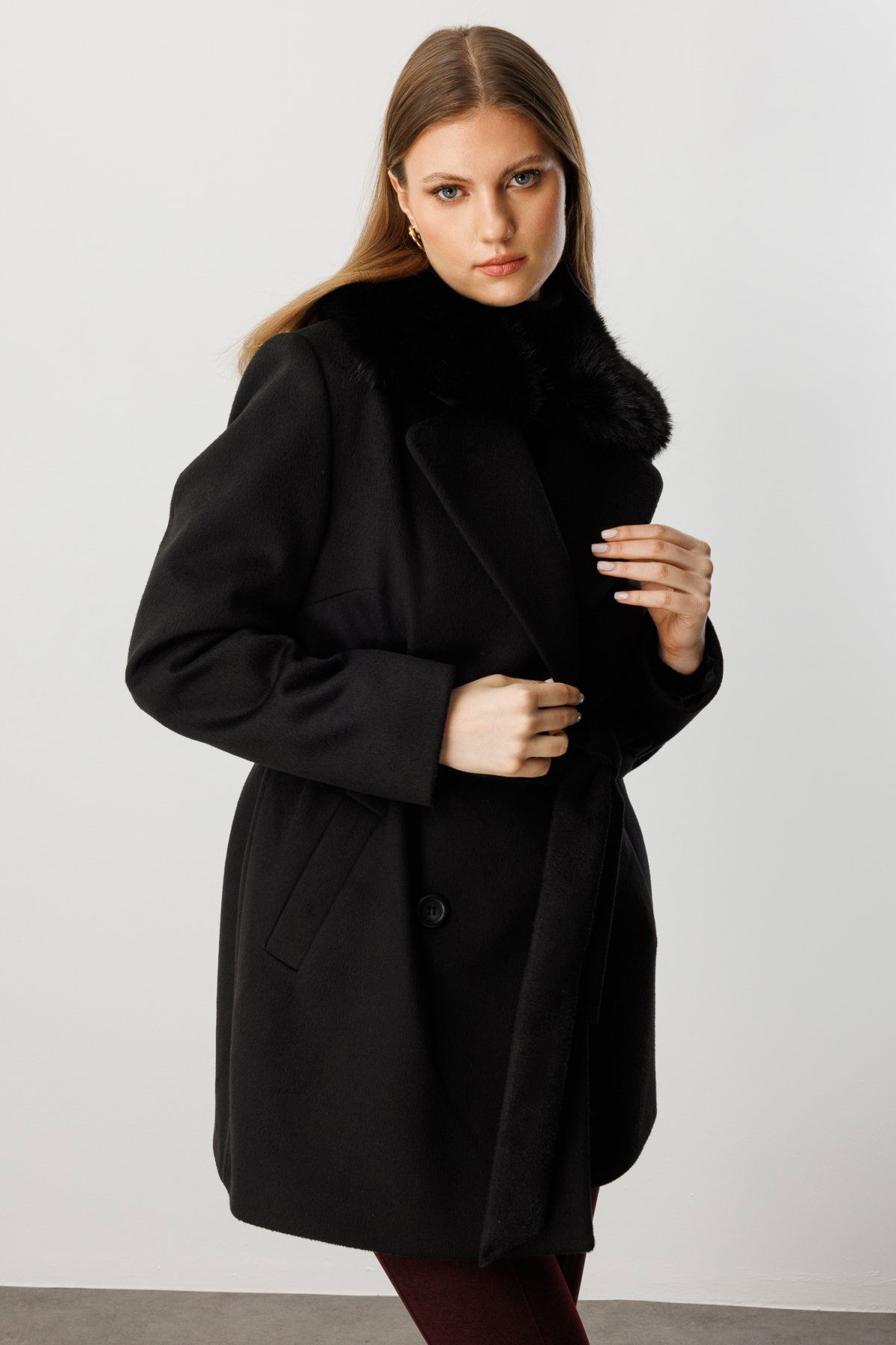 Ekol Kadın Büyük Beden Yakası Kürklü Kaban 6333 Siyah - 2