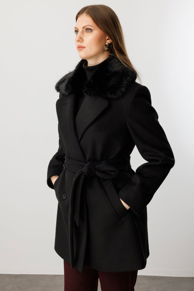 Ekol Kadın Büyük Beden Yakası Kürklü Kaban 6333 Siyah - 3