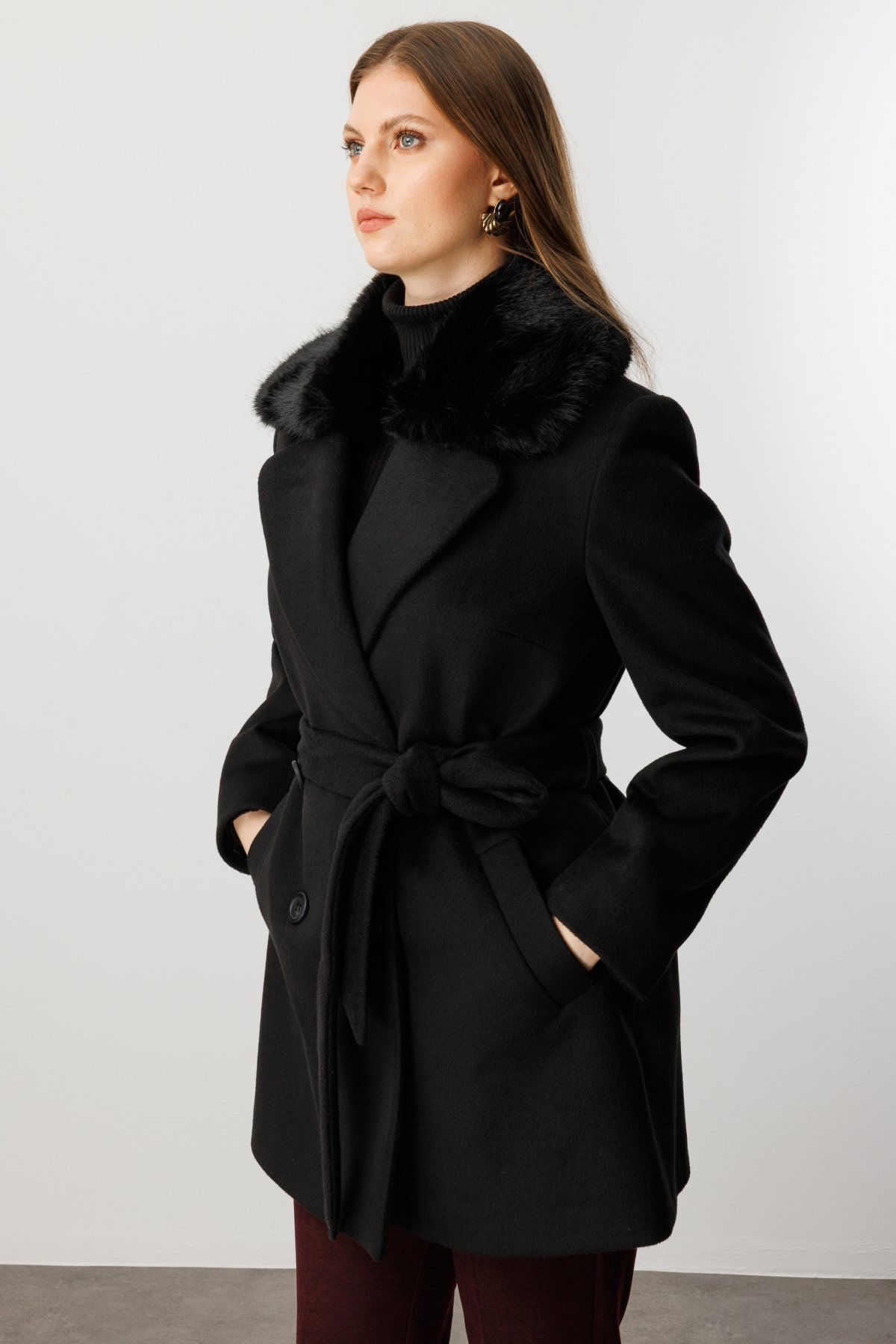 Ekol Kadın Büyük Beden Yakası Kürklü Kaban 6333 Siyah - 3