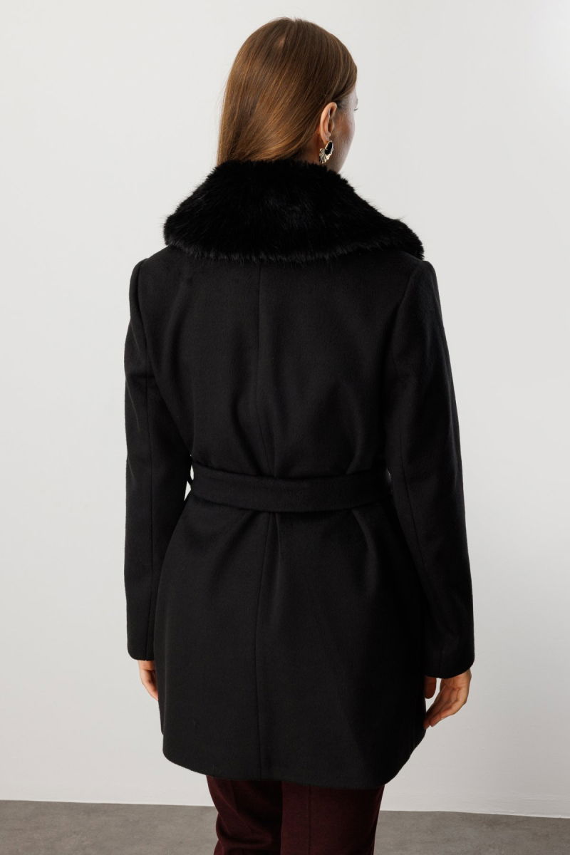 Ekol Kadın Büyük Beden Yakası Kürklü Kaban 6333 Siyah - 4