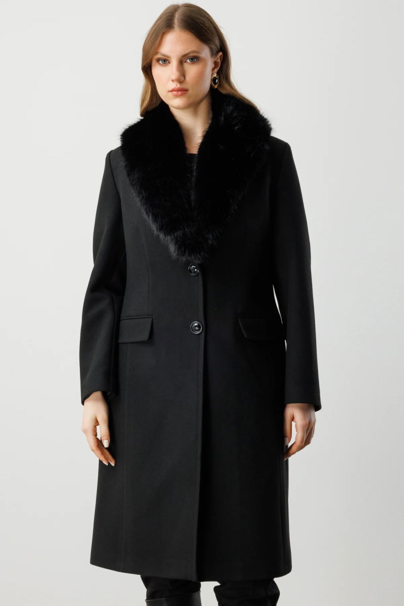 Ekol Kadın Büyük Beden Yakası Kürklü Kaşe Kaban 6313 Siyah - Ekol