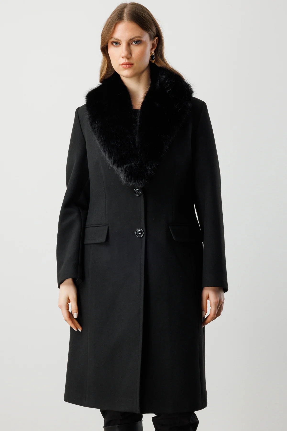 Ekol Kadın Büyük Beden Yakası Kürklü Kaşe Kaban 6313 Siyah - 1