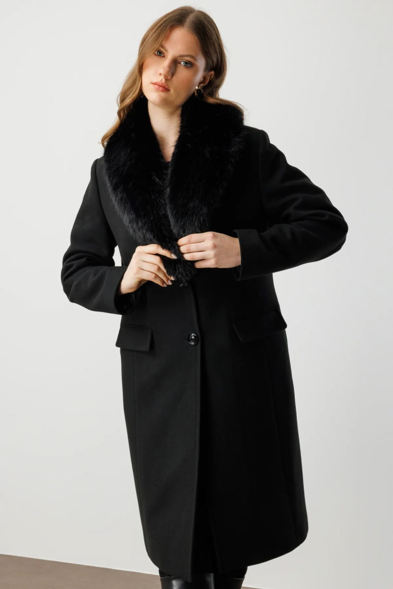 Ekol Kadın Büyük Beden Yakası Kürklü Kaşe Kaban 6313 Siyah - 2