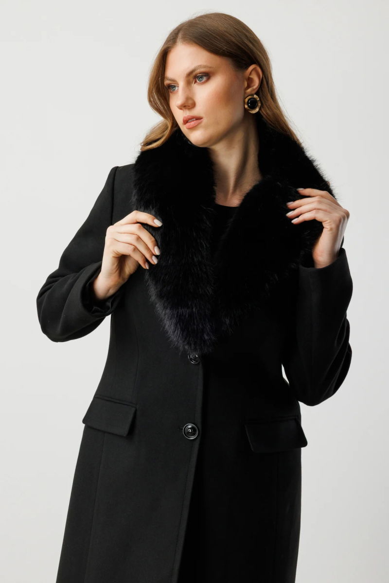Ekol Kadın Büyük Beden Yakası Kürklü Kaşe Kaban 6313 Siyah - 3