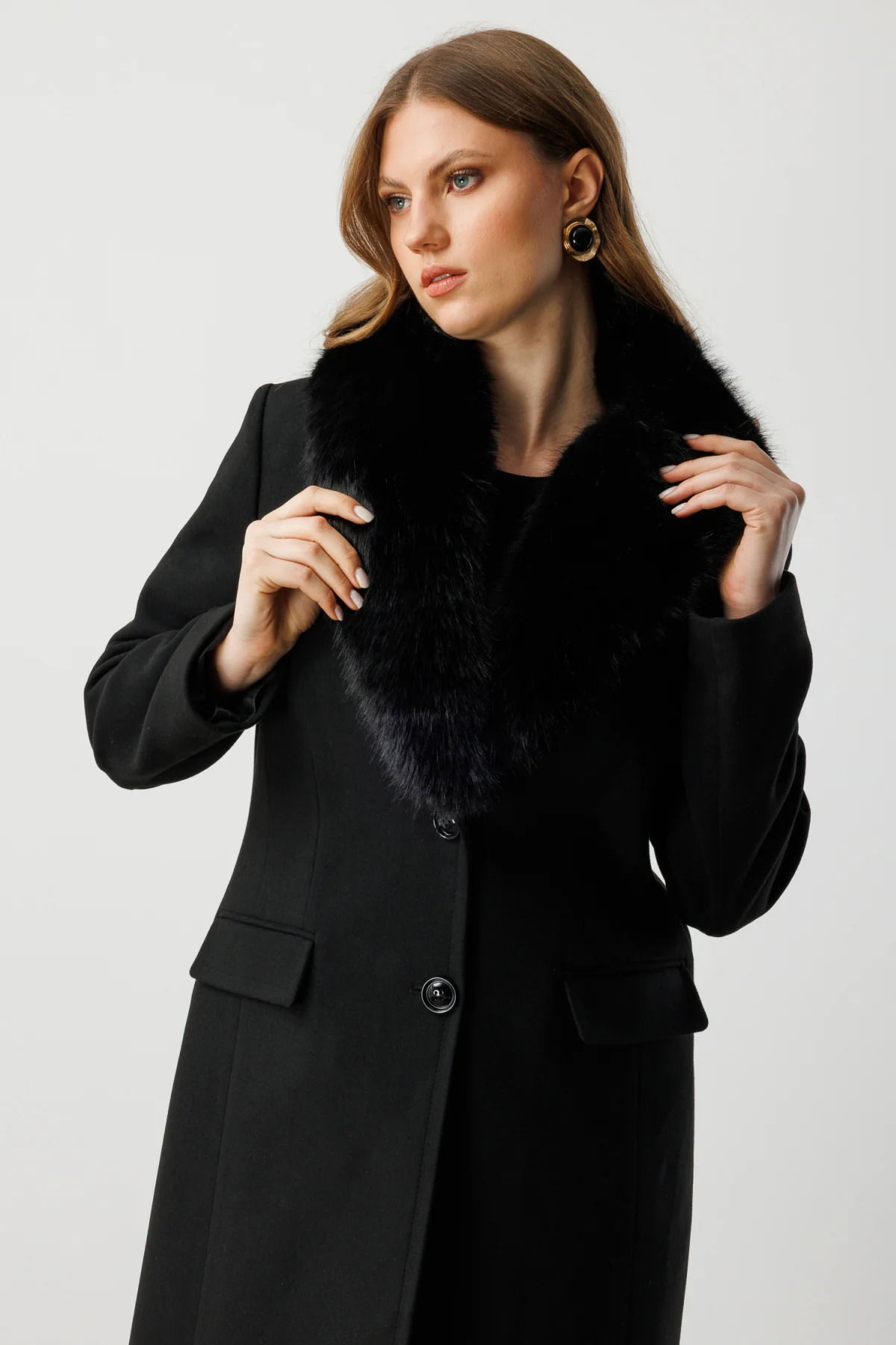 Ekol Kadın Büyük Beden Yakası Kürklü Kaşe Kaban 6313 Siyah - 3