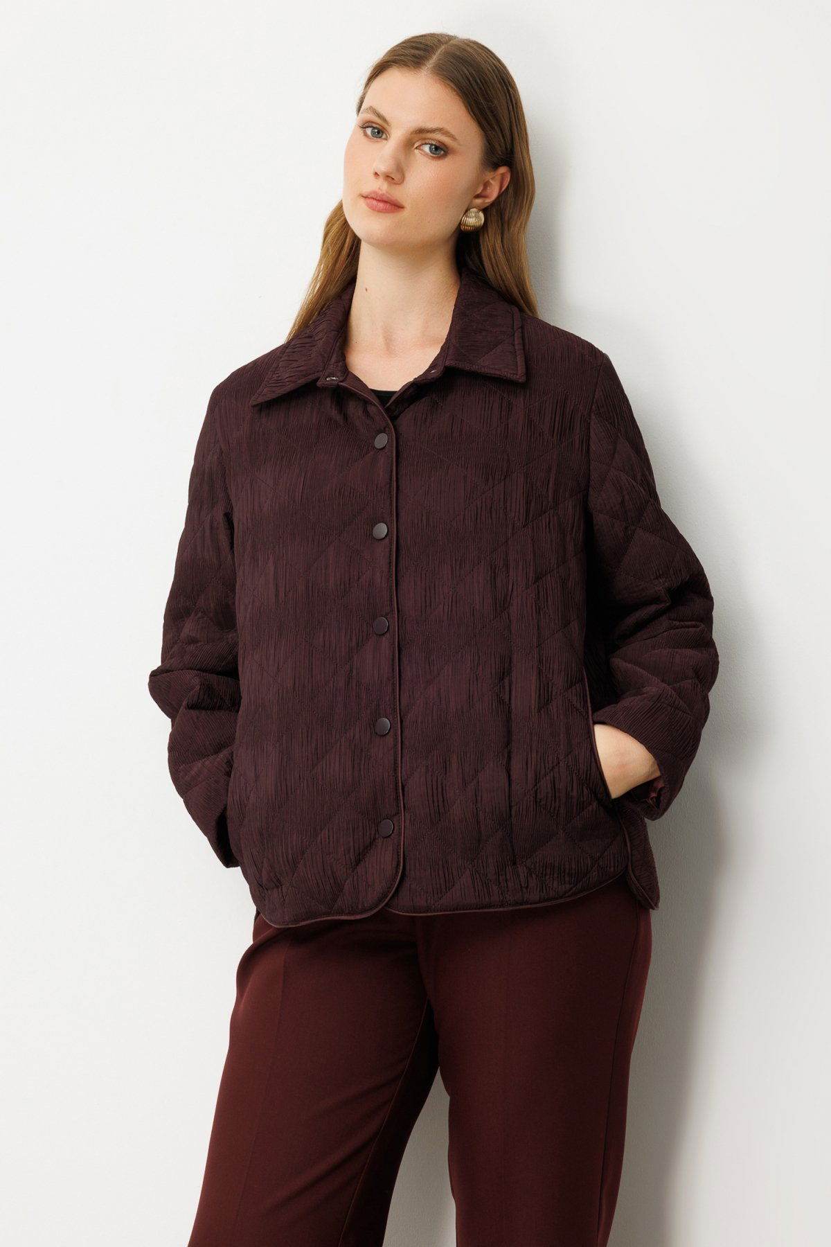 Ekol Kadın Büyük Beden Yan Cepli Çıt Çıtlı Mont 6801 Bordo - 1