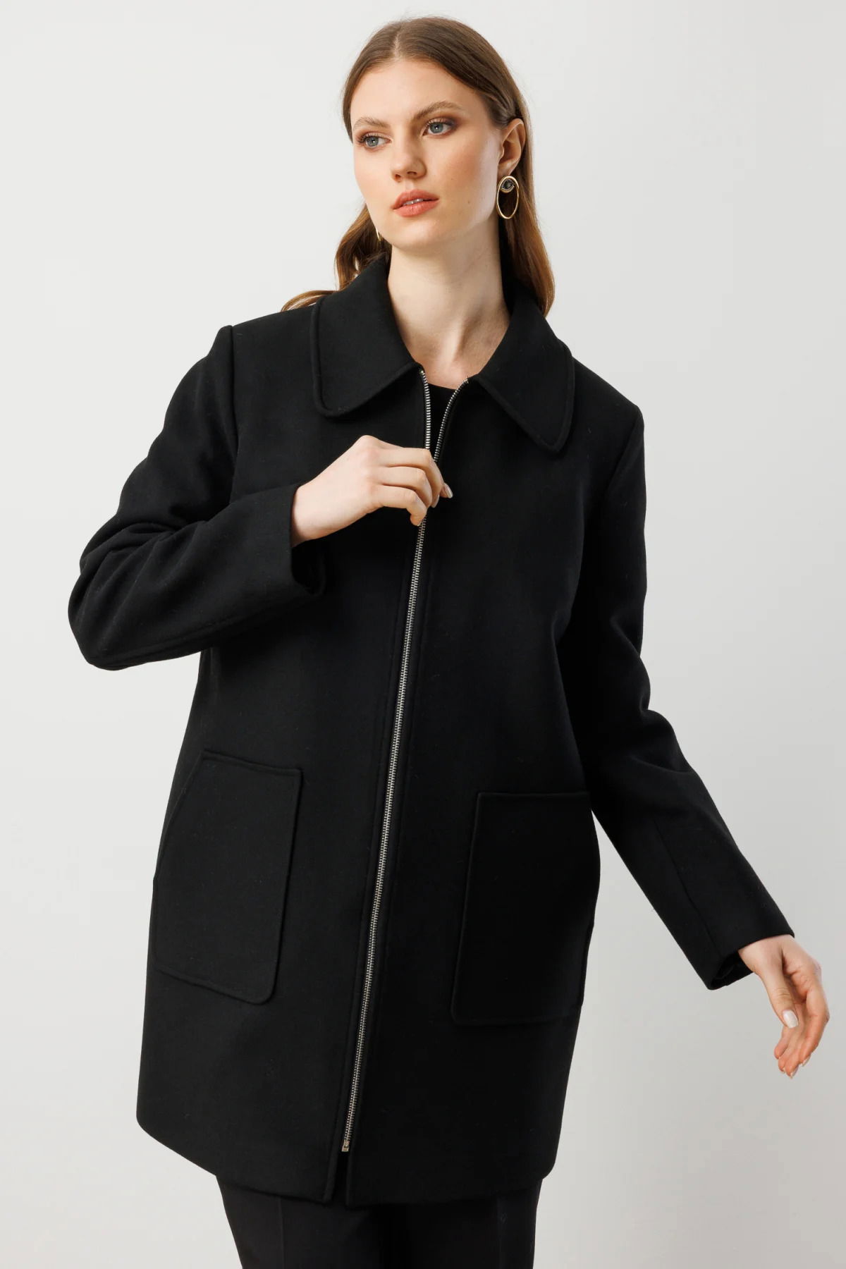 Ekol Kadın Büyük Beden Yandan Cepli Kaşe Kaban 6307 Siyah - 1