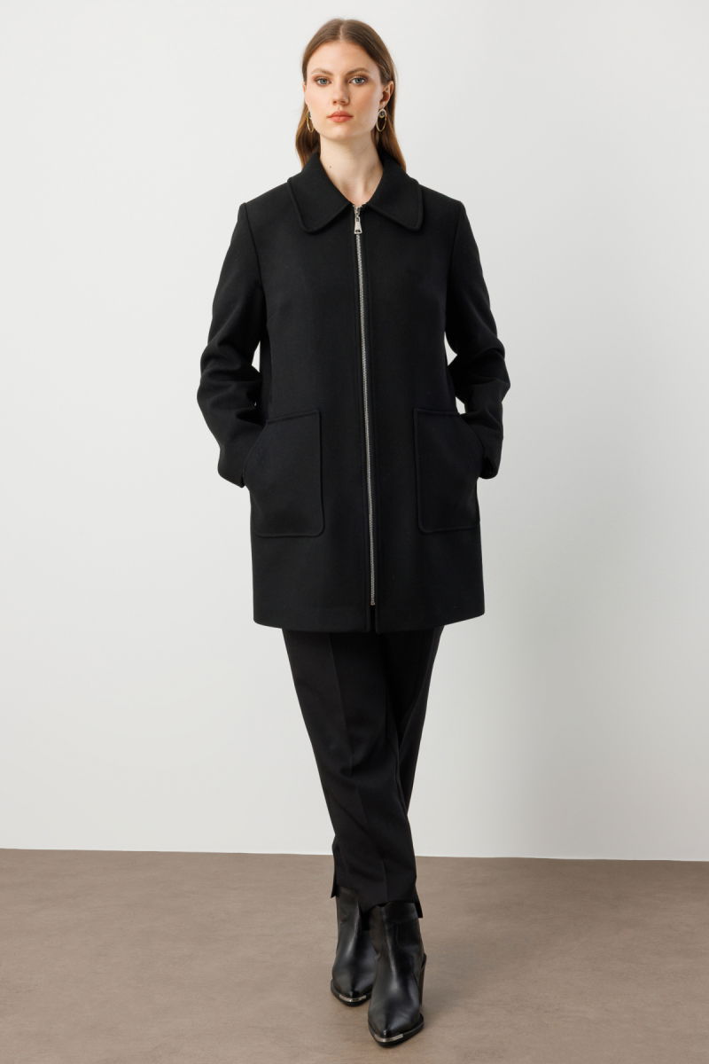 Ekol Kadın Büyük Beden Yandan Cepli Kaşe Kaban 6307 Siyah - 3