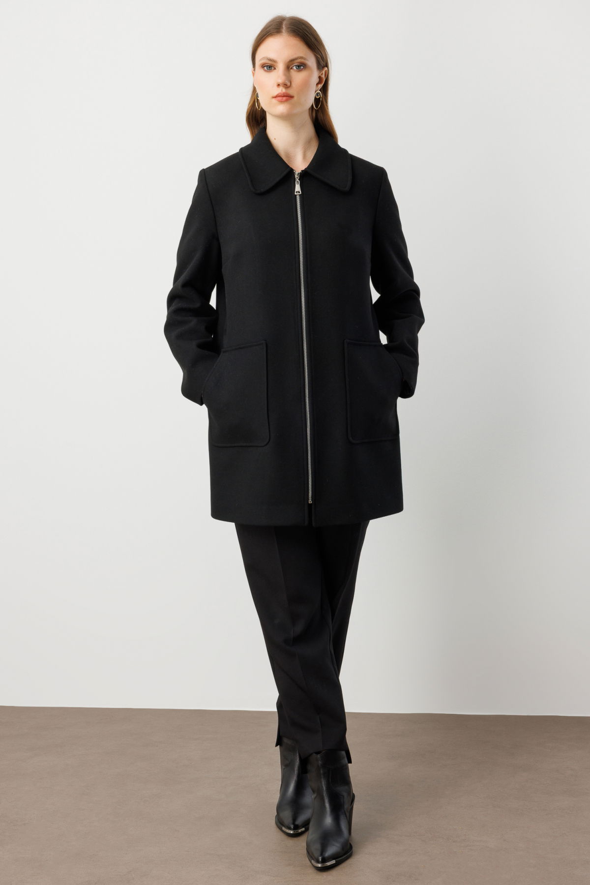 Ekol Kadın Büyük Beden Yandan Cepli Kaşe Kaban 6307 Siyah - 3