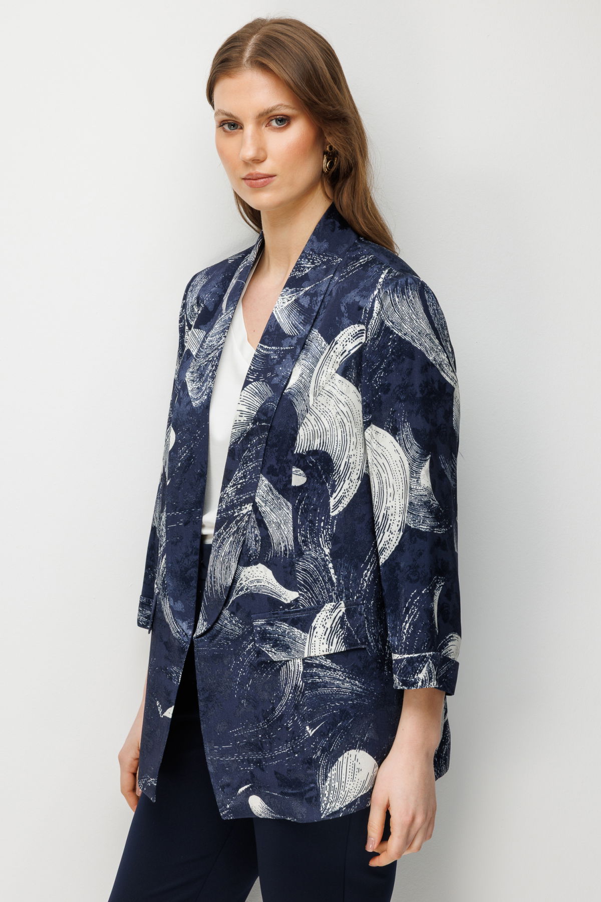 Ekol Kadın Büyük Beden Yarım Kollu Desenli Ceket 1544 Lacivert - 2