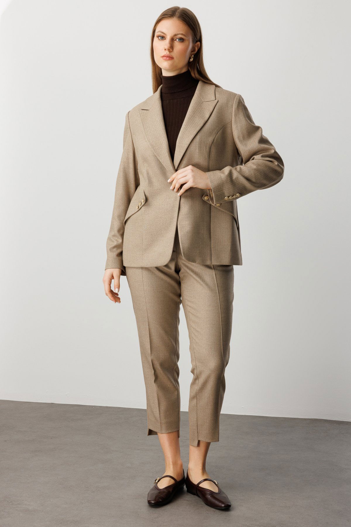 Ekol Kadın Büyük Beden Zikzak Desenli Dar Paça Pantolon 5535 Camel - 1