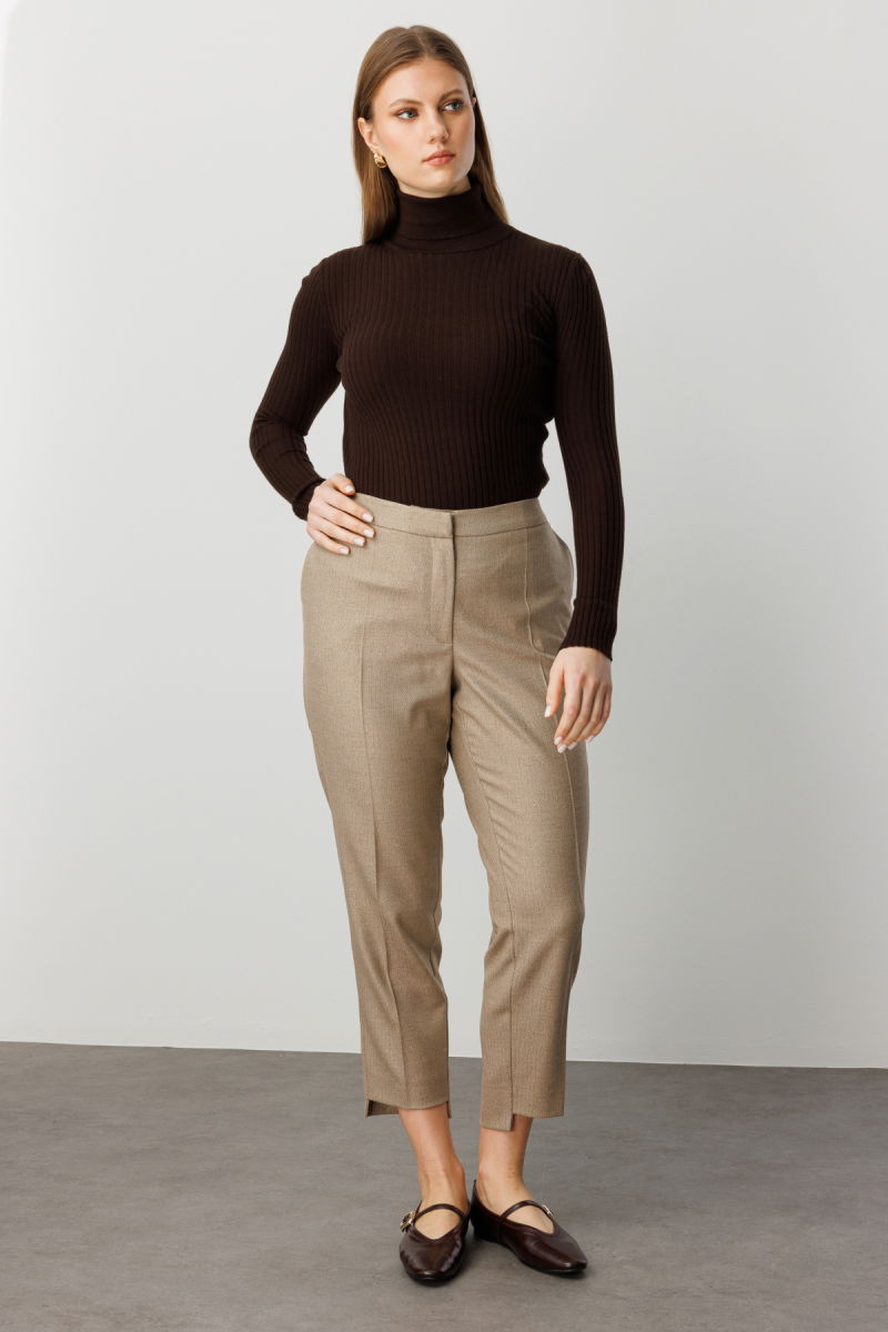 Ekol Kadın Büyük Beden Zikzak Desenli Dar Paça Pantolon 5535 Camel - 2