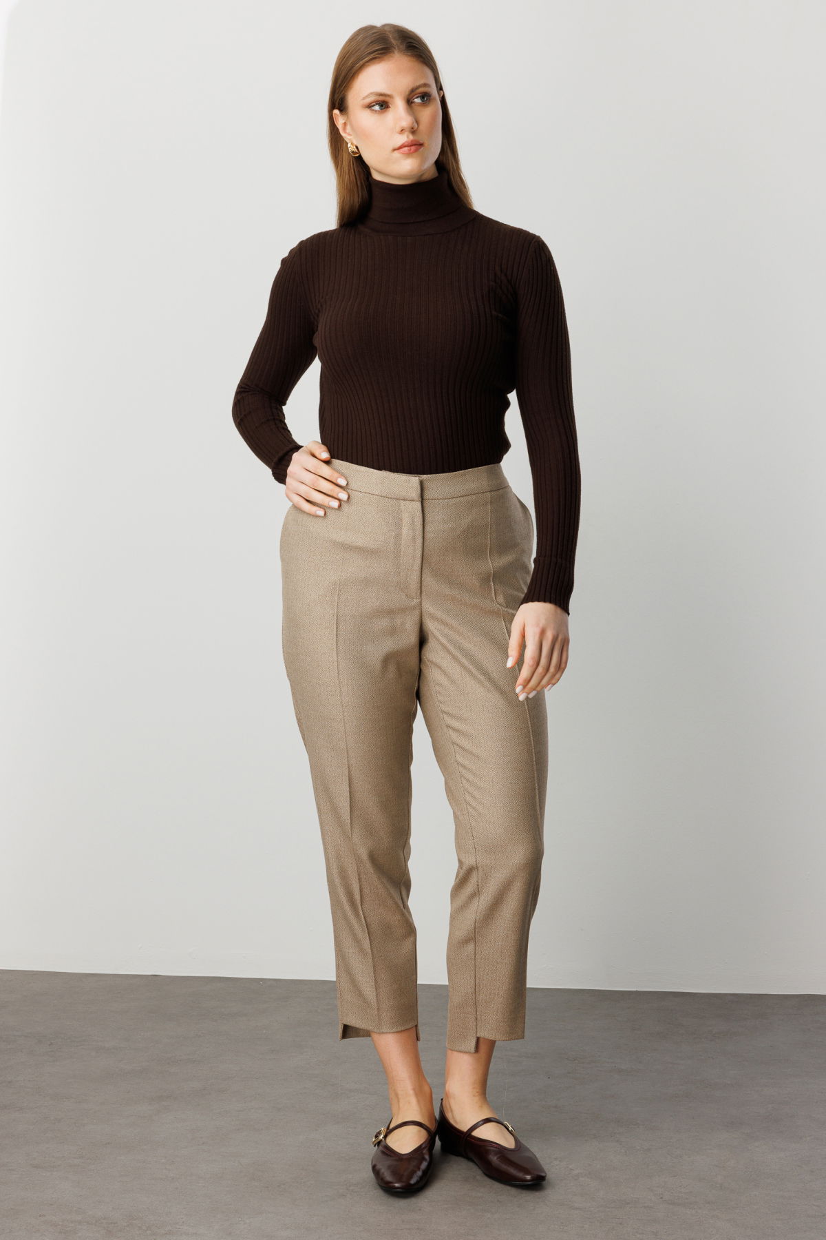 Ekol Kadın Büyük Beden Zikzak Desenli Dar Paça Pantolon 5535 Camel - 2