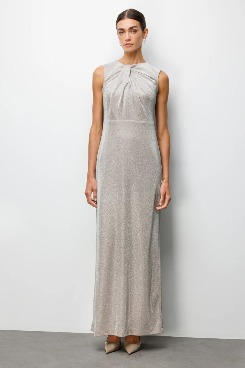 Ekol Kadın Büzgü Detaylı Sırt Dekolteli Simli Abiye Elbise 6094 Bej - Ekol