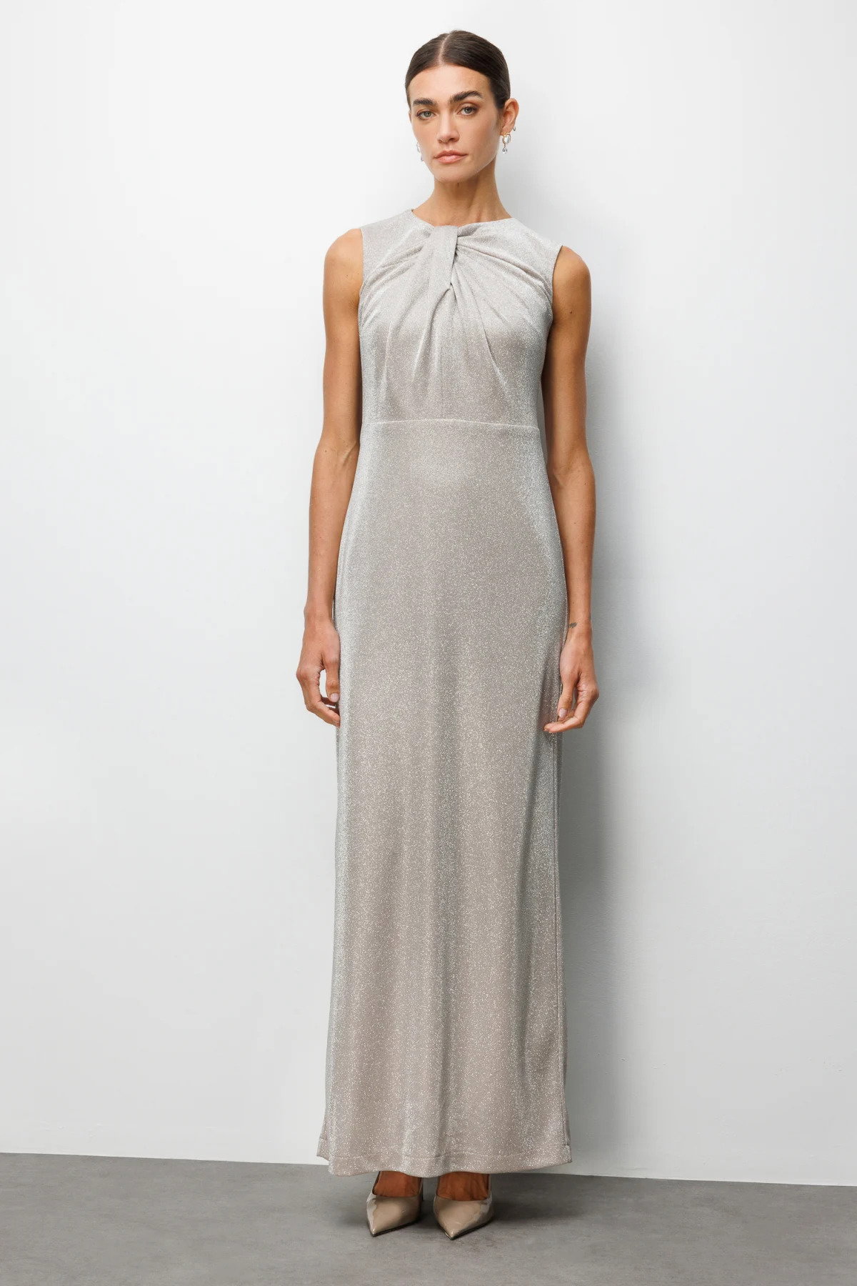 Ekol Kadın Büzgü Detaylı Sırt Dekolteli Simli Abiye Elbise 6094 Bej - 1