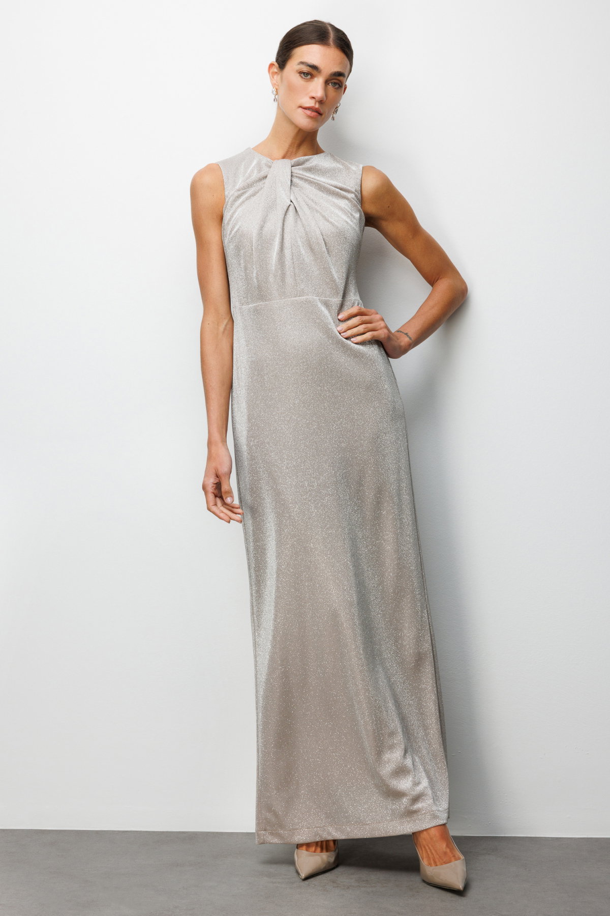 Ekol Kadın Büzgü Detaylı Sırt Dekolteli Simli Abiye Elbise 6094 Bej - 2