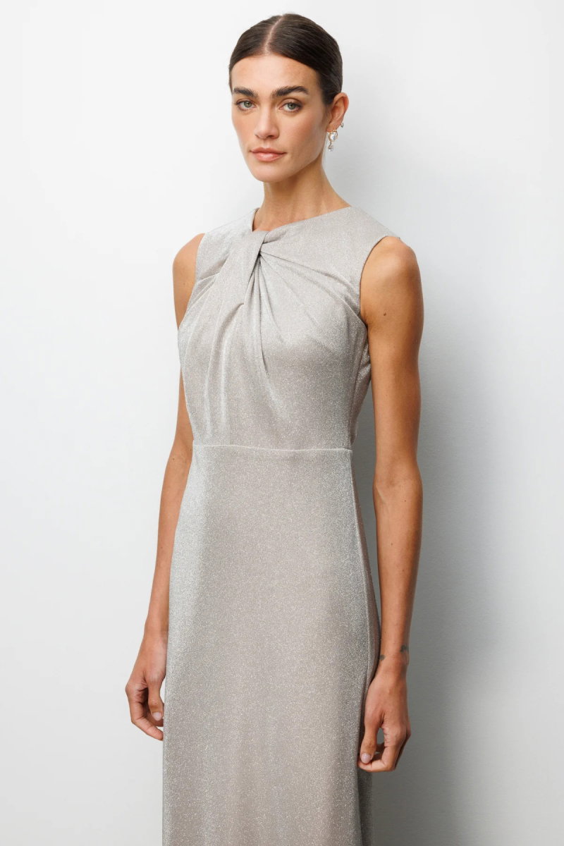 Ekol Kadın Büzgü Detaylı Sırt Dekolteli Simli Abiye Elbise 6094 Bej - 3