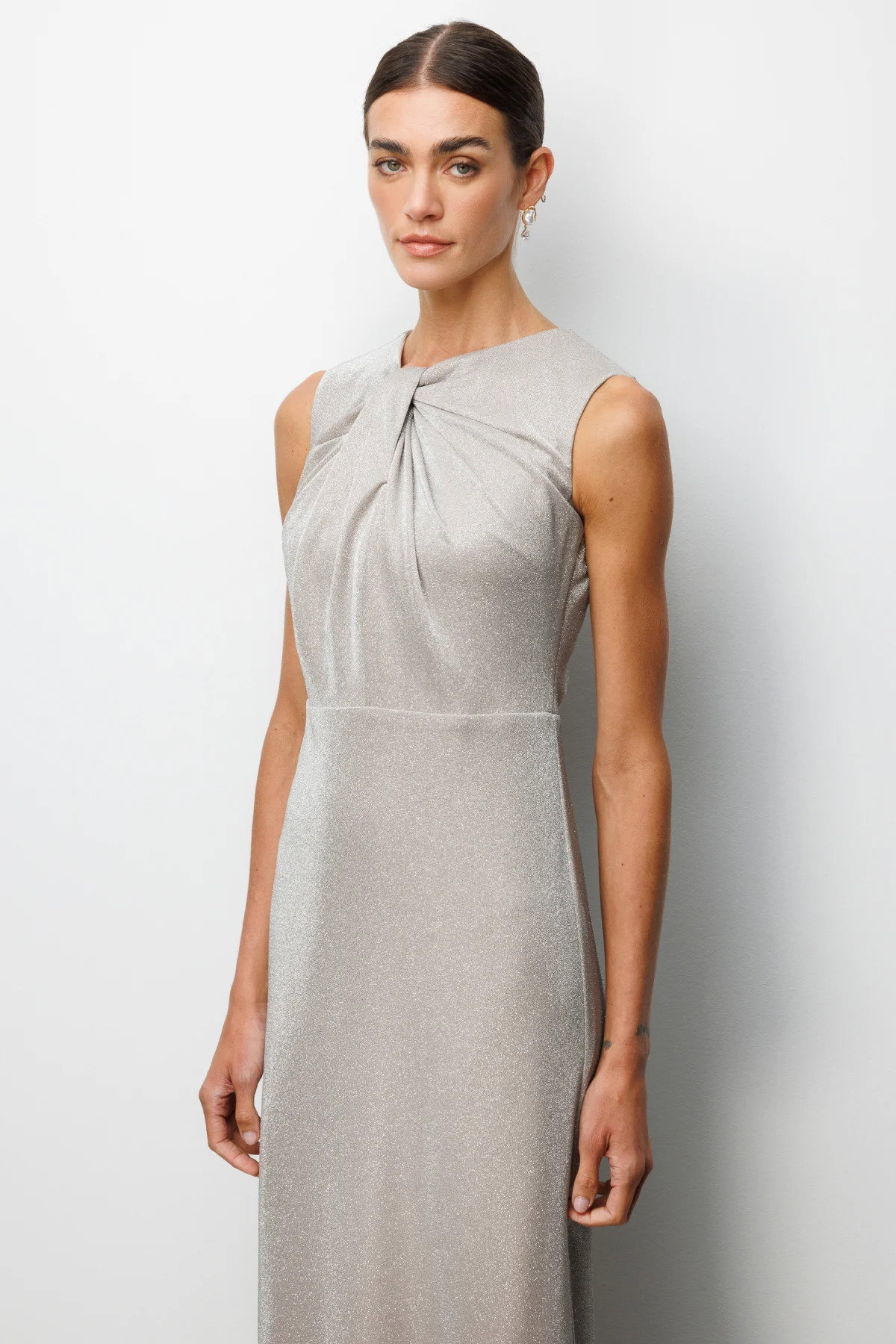 Ekol Kadın Büzgü Detaylı Sırt Dekolteli Simli Abiye Elbise 6094 Bej - 3