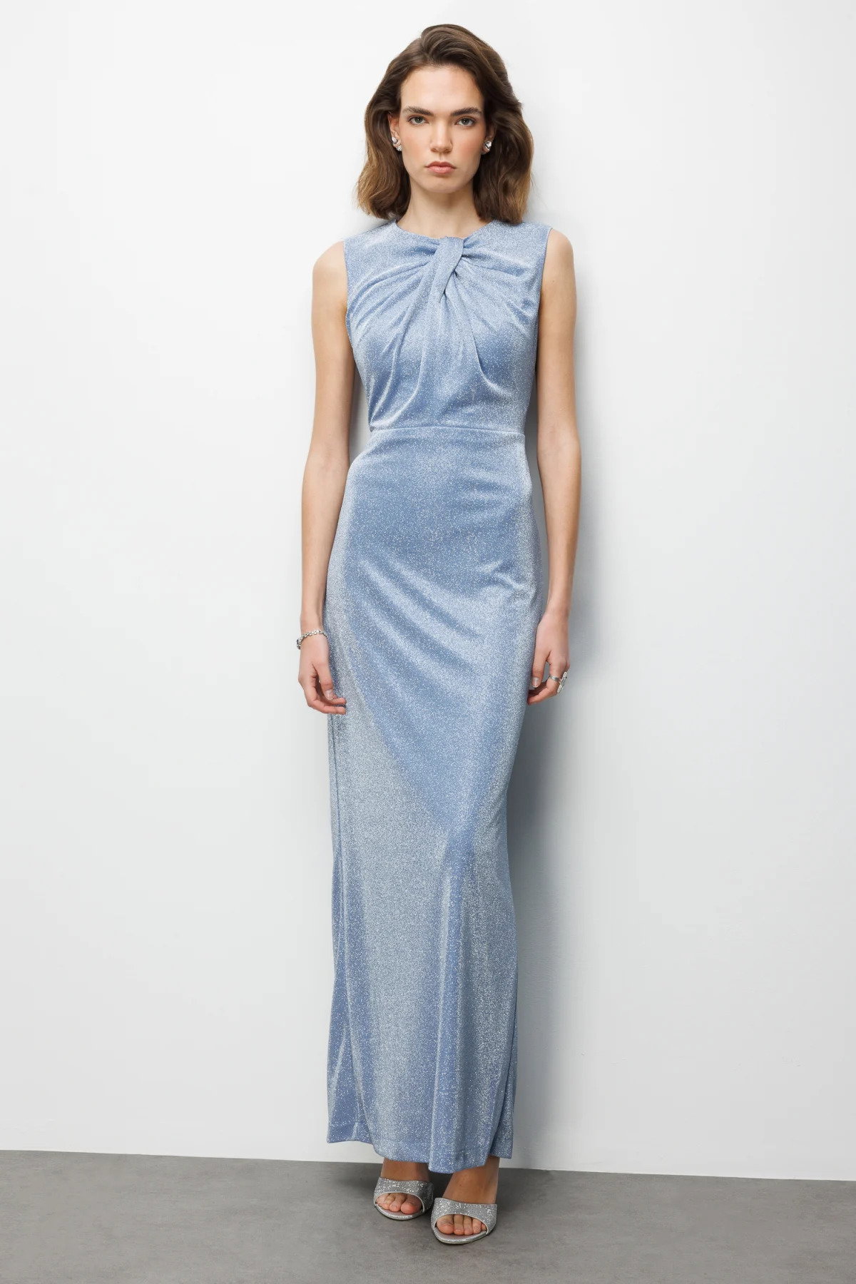 Ekol Kadın Büzgü Detaylı Sırt Dekolteli Simli Abiye Elbise 6094 Mavi - 1