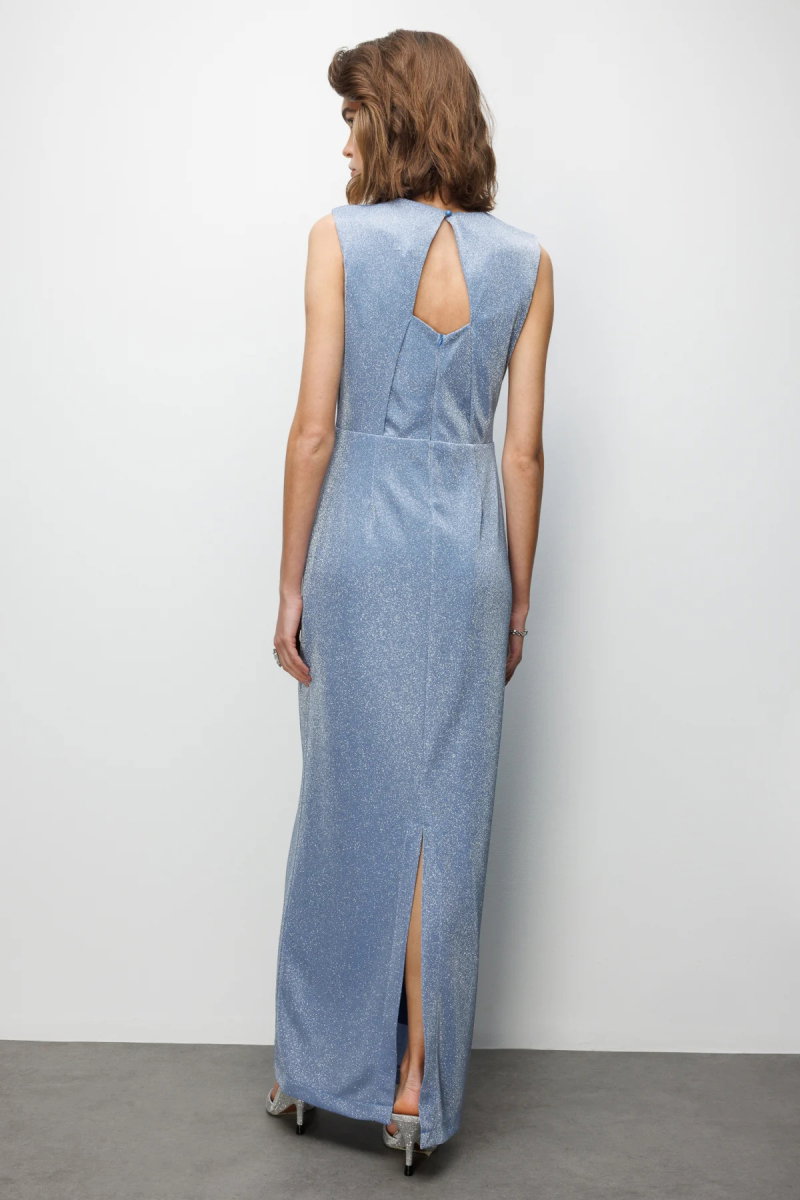 Ekol Kadın Büzgü Detaylı Sırt Dekolteli Simli Abiye Elbise 6094 Mavi - 4