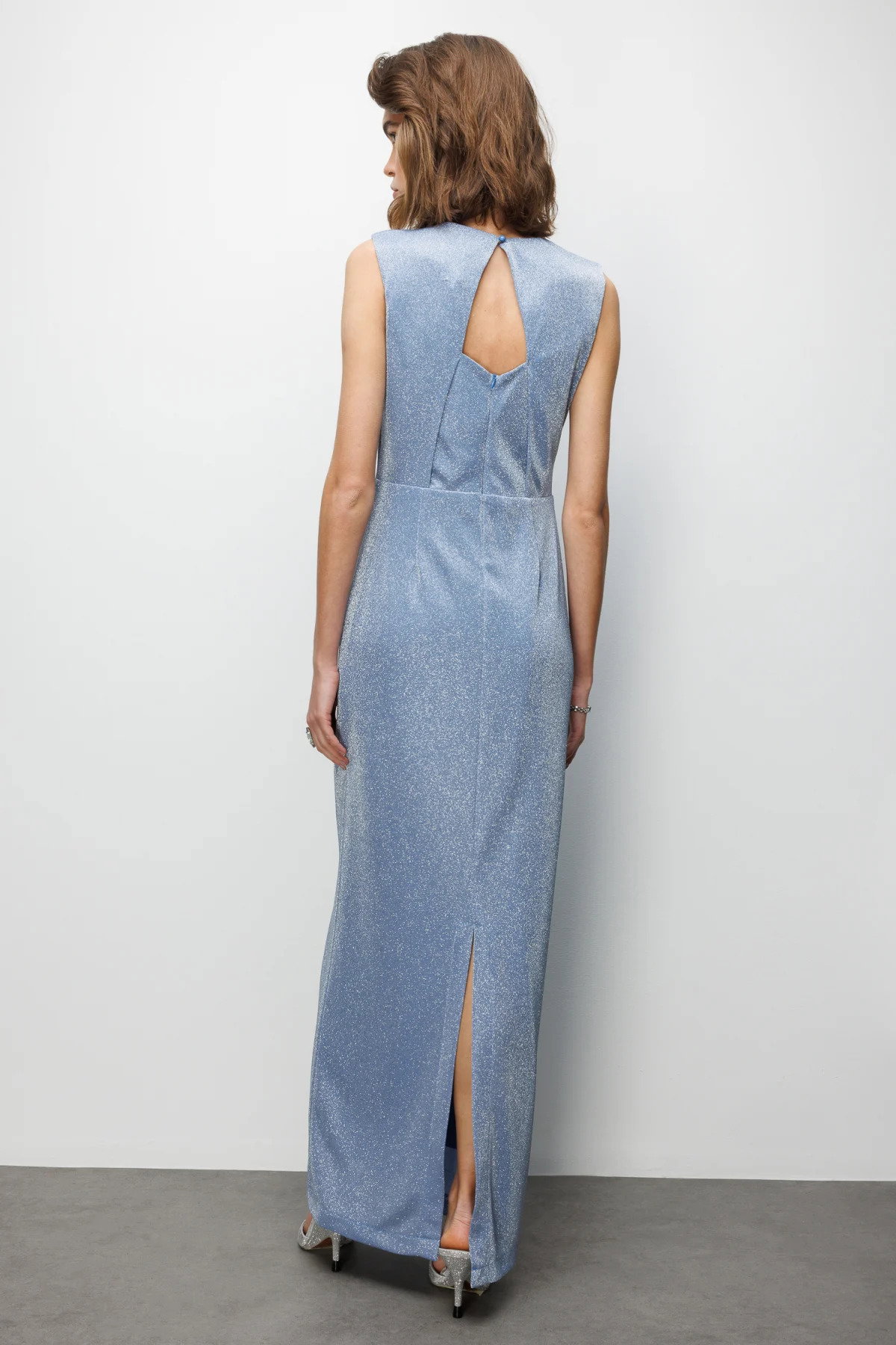 Ekol Kadın Büzgü Detaylı Sırt Dekolteli Simli Abiye Elbise 6094 Mavi - 4