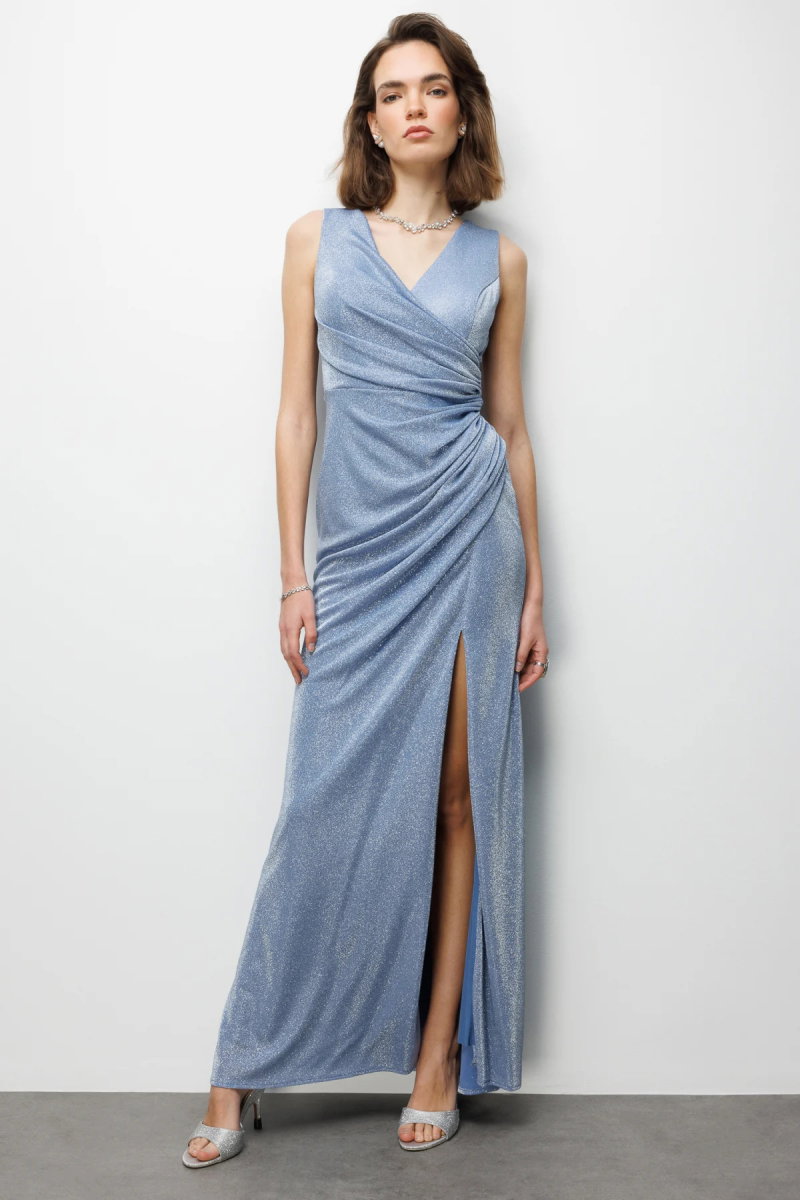 Ekol Kadın Büzgü Detaylı Yırtmaçlı Simli Abiye Elbise 6082 Indigo - 2