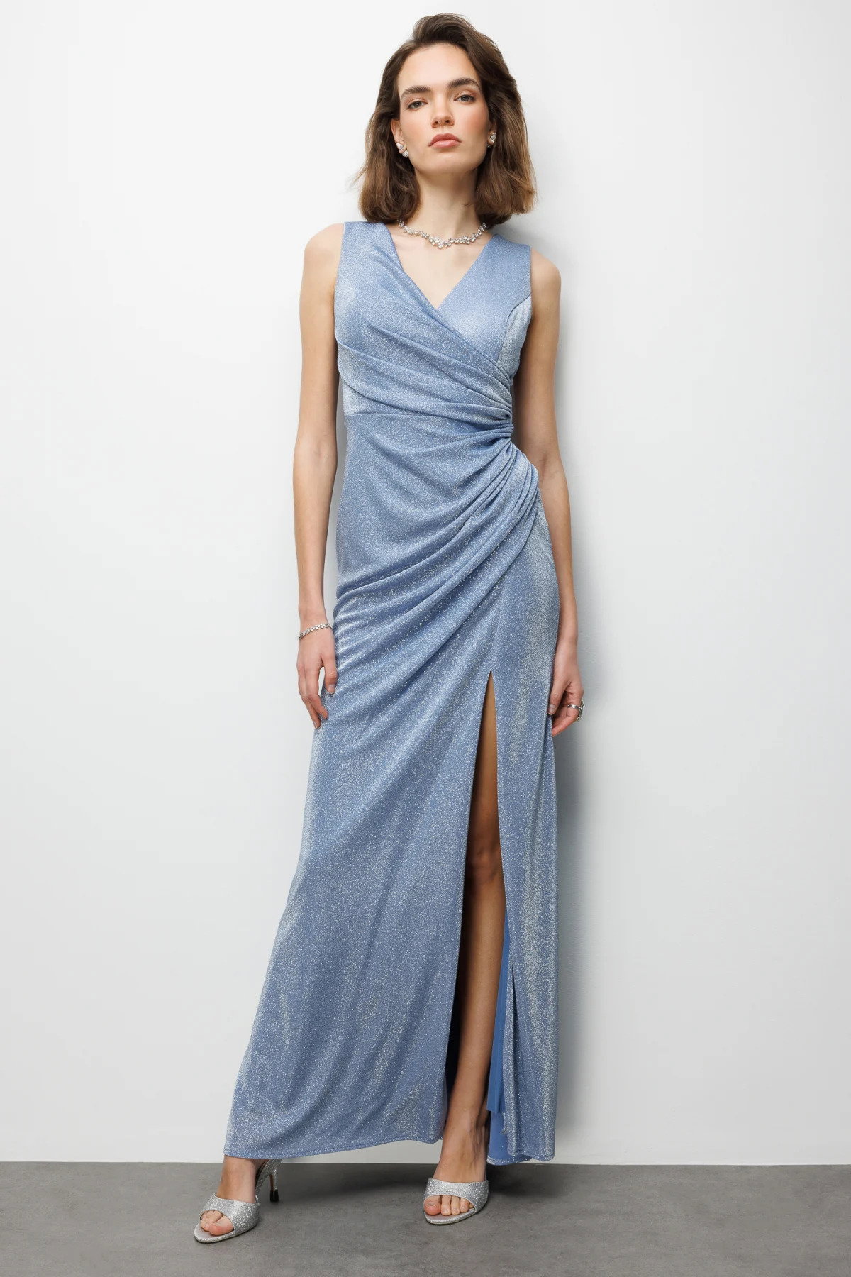 Ekol Kadın Büzgü Detaylı Yırtmaçlı Simli Abiye Elbise 6082 Indigo - 2