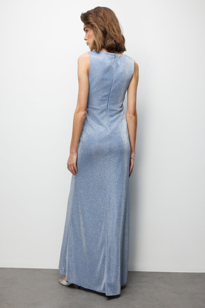 Ekol Kadın Büzgü Detaylı Yırtmaçlı Simli Abiye Elbise 6082 Indigo - 4