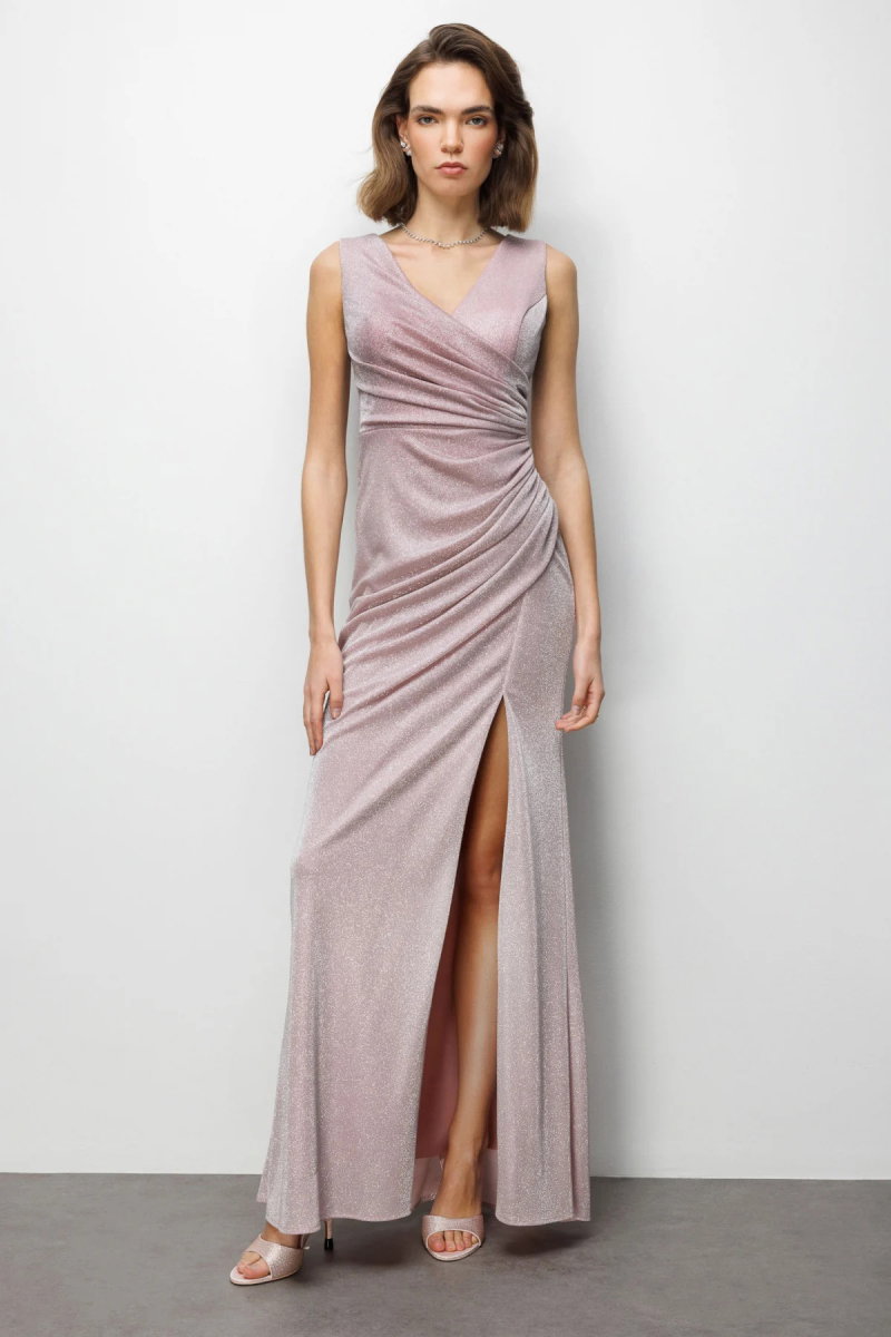 Ekol Kadın Büzgü Detaylı Yırtmaçlı Simli Abiye Elbise 6082 Pudra - Ekol