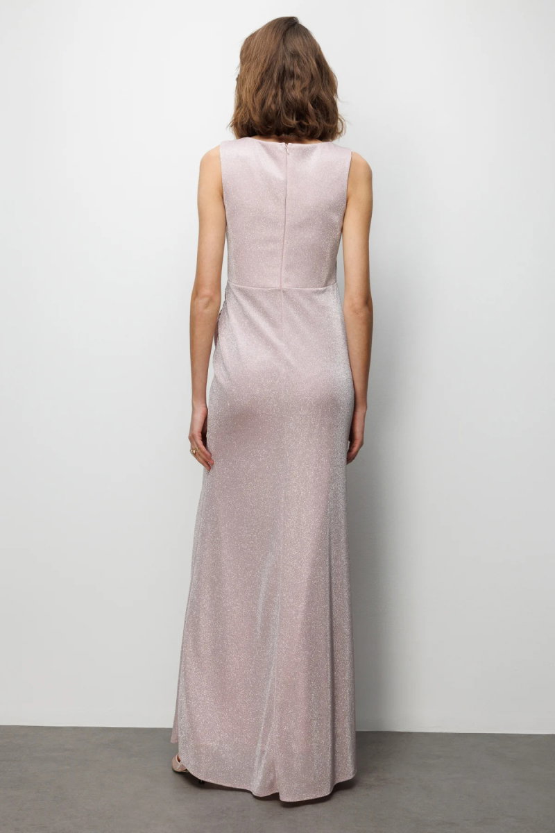 Ekol Kadın Büzgü Detaylı Yırtmaçlı Simli Abiye Elbise 6082 Pudra - 4