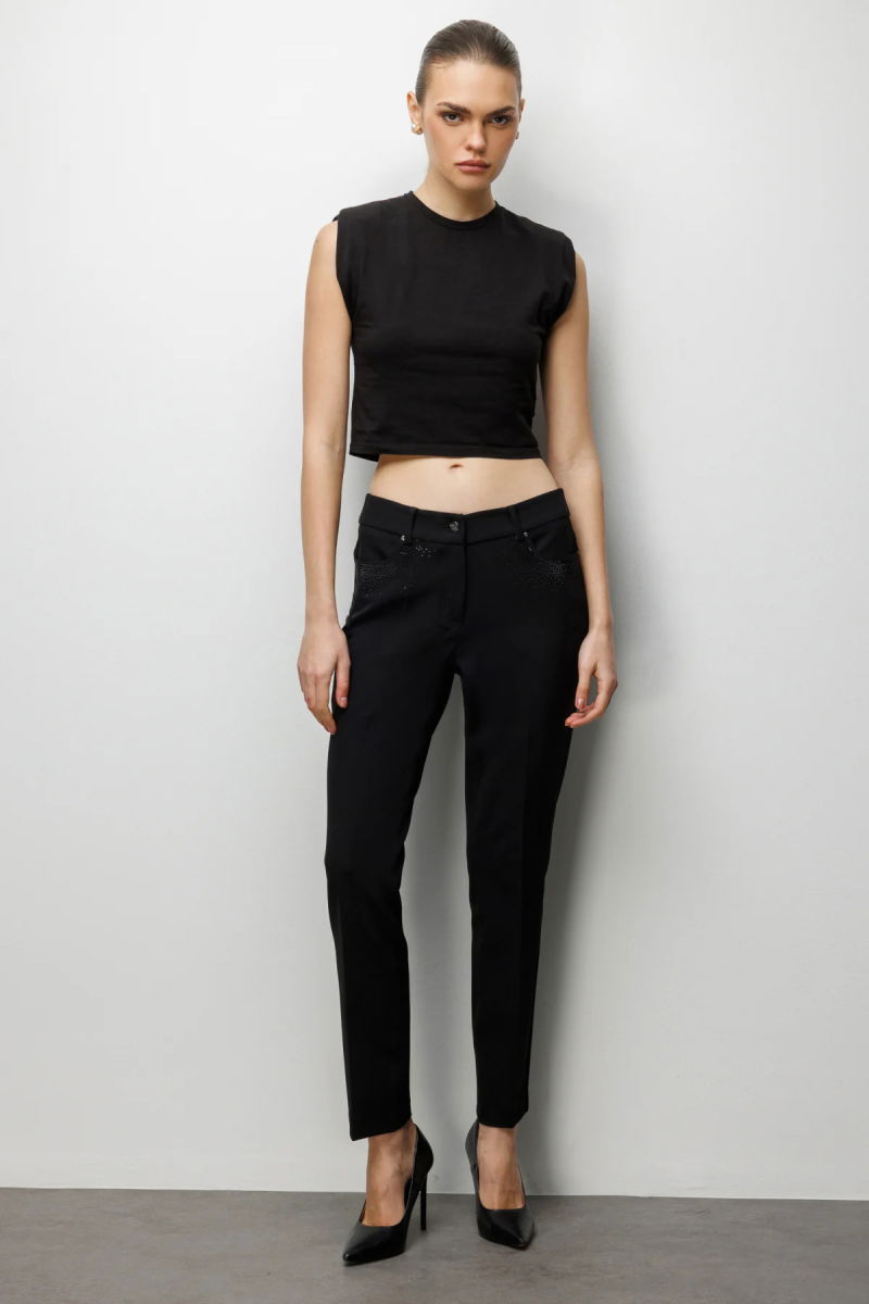 Ekol Kadın Cepleri Taş İşlemeli Dar Paça Pantolon 4022 Siyah - Ekol